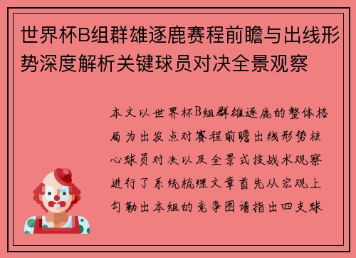 世界杯B组群雄逐鹿赛程前瞻与出线形势深度解析关键球员对决全景观察